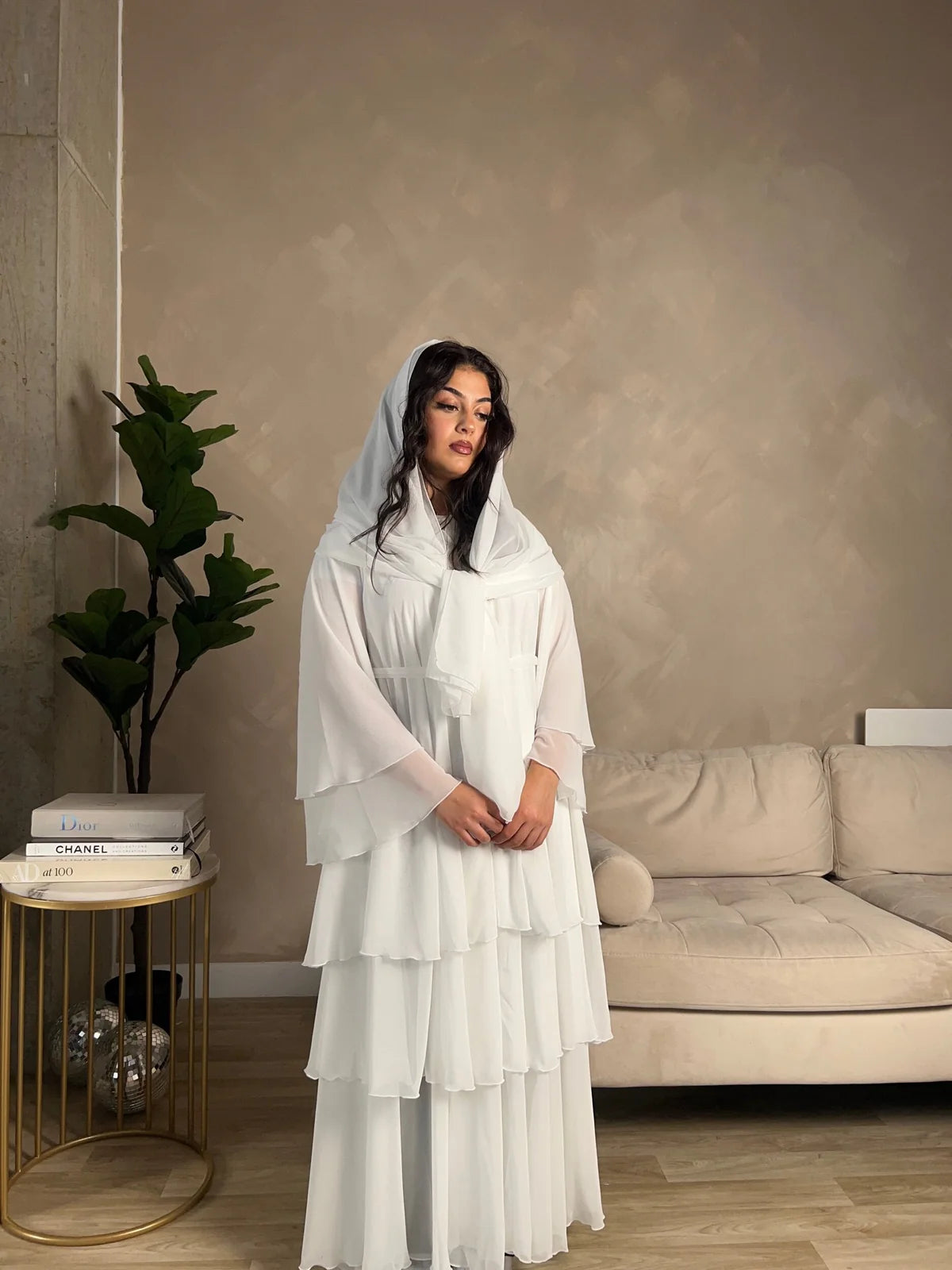 Layered abaya in Pearl White