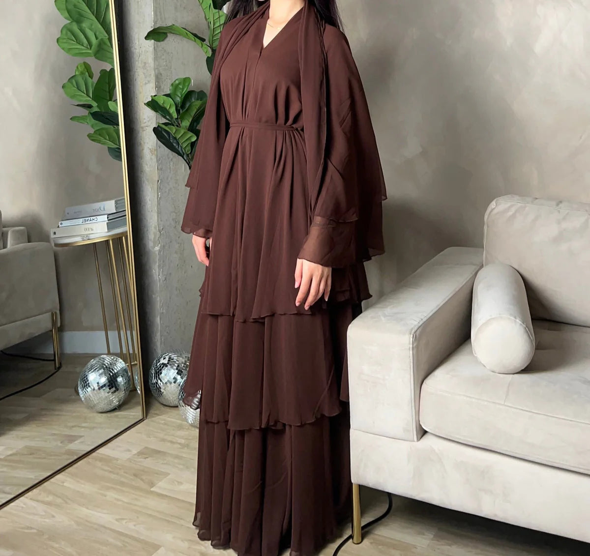 Layered abaya in Chesnut Brown